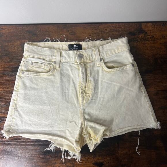 7 For All Mankind High Waisted Jean Shorts Size 26 Yellow Raw Hem 5 Pockets Boho - Picture 1 of 9